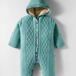 Yellow Apple Knit Full Sleeves Front Open Hooded Solid Romper with Cable Knit Design - Mint Green-picture-39