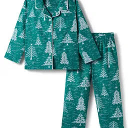 Babyhug Cotton Woven Full Sleeves Co-ords Night Suit With Tropical Theme Print - Dark Green-picture-25