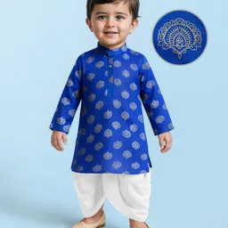 EARTHY TOUCH Woven Full Sleeves Kurta Dhoti Set With Floral Print - Blue-picture-30