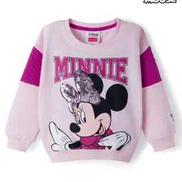 Babyhug Disney Terry Knit Drop Shoulder Full Sleeves Cut & Sew Sweatshirt with Minnie Mouse Graphic & Sequin Detailing - Pink-image-43