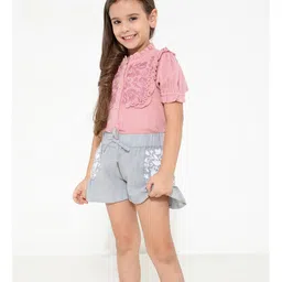 Cherry Crumble By Nitt Hyman Half Sleeves Botanical Embroidered Yoke & Frill Detailing Top - Pink image 3