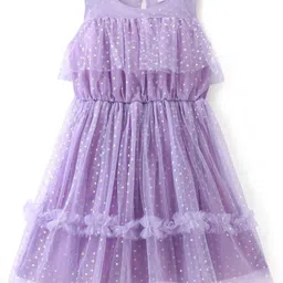 Hola Bonita Sleeveless  Party  Foil Printed Mesh Frock with Frill Detailing - Purple image 2