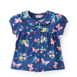 Babyhug Cotton Knit Half Sleeves Peter Pan Collar Neck Top & Shorts Nightwear Set Floral Print - Blue image 2