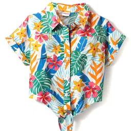 Babyhug Rayon Woven Half Sleeves Shirt Style Top & Shorts Set With Leaf & Floral Print - White & Blue image 2