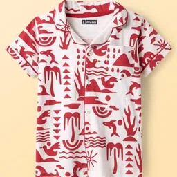 Pine Kids Single Jersey Knit Half Sleeves Co-Ord Shorts Night Suit With Beach Theme Print - Red & White image 2