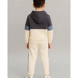 Aww Hunnie Terry Knit Full Sleeves Colour Blocked Hooded Sweatshirt With Coordinating Joggers Set - White image 3