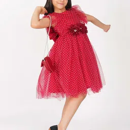Creative Kids Girls Polka Dot Printed Flutter Sleeve Net Fit & Flare Dress image 5
