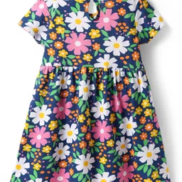 Babyhug Single Jersey Knit Half Sleeves Floral Printed Frocks with Bow Applique Pack of 2 - Navy Blue & Pink image 3