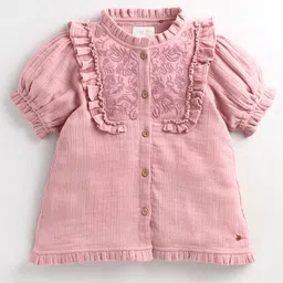Cherry Crumble By Nitt Hyman Half Sleeves Botanical Embroidered Yoke & Frill Detailing Top - Pink image 5