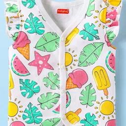 Babyhug 100% Interlock Knit Front Open Frill Sleeves Vests With Tropical Theme Pack Of 3 - Pink White & Yellow image 4