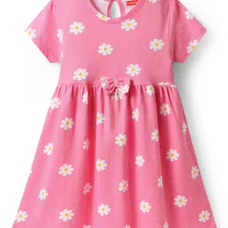 Babyhug Single Jersey Knit Half Sleeves Floral Printed Frocks with Bow Applique Pack of 2 - Navy Blue & Pink image 4