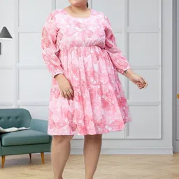 Sztori Women Floral Printed Puff Sleeve Georgette Bodycon Plus Size Midi Dress-image-21