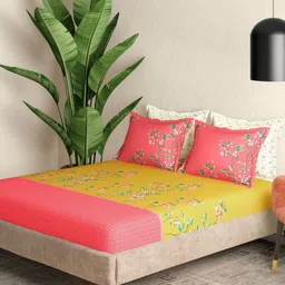 Portico Bloomique Pink Printed Cotton 144 TC Super King Bedsheet Set 2.74 m x 2.74 m-picture-38