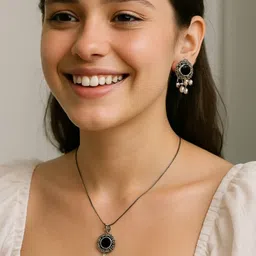 VYRA Artificial Stones Studded & Beaded Oxidized Pendant & Earrings image 5