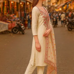 Lookmark Floral Embroidered Sweetheart Neck Thread Work Kurta With Trousers & Dupatta image 3