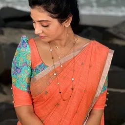 HERE&NOW Floral Printed Pure Linen Saree With Unstitched Blouse Piece image 3