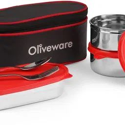 oliveware Sophia Lunch Box | 3 Containers | Steel Spoon & Fork | Insulated Fabric Bag 3 Containers Lunch Box-picture-12