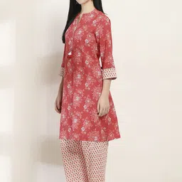 Rangriti Floral Printed Mandarin Collar Pure Cotton Kurta With Trousers image 3