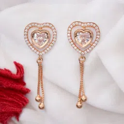 Nilu's Collection Rose Gold-Plated American Diamond Studded Heart Shaped Drop Earrings-picture-16
