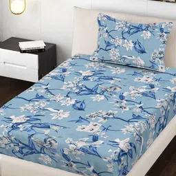 Myntra Elegant Homes Blue Floral 300 TC Single Bedsheet with 1 Pillow Covers-image-69