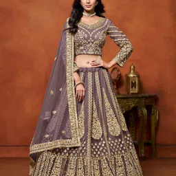 ODETTE Embroidered Thread Work Net Semi-Stitched Lehenga & Unstitched Blouse With Dupatta-image-13