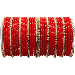AMSHA Set Of 34 Red Glass Artificial Stones & Beads Bangle image 2
