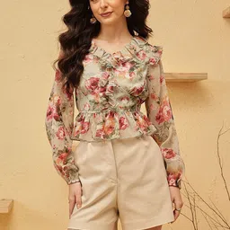 QUIERO Women Floral Printed Puff Sleeves Ruffles Detail Peplum Top-picture-17