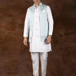 Exotic India Three-Piece Kurta Pyjama Set with Brocaded Front Open Waistcoat-image-24