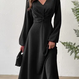 Outzidr Women V-Neck Full Sleeved Ruched Fit & Flare Midi Dress-image-12