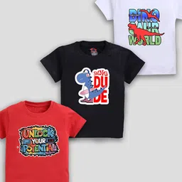 LITTLE FIGHTER Boys Pack Of 3 Multi Printed Round Neck Short Sleeves Casual T-shirt image 2