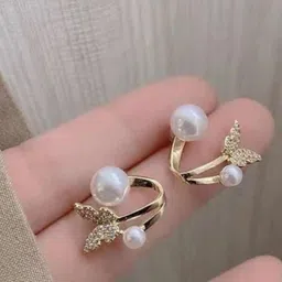 PASU FASHION Stainless Steel Artificial Stones And Pearls Studded Butterfly Shaped Studs image 2