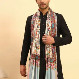 Pashmoda Men Embroidered Kalamkari Stole with Frayed Border-image-79