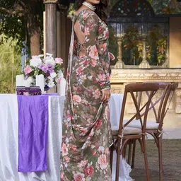 LOOKNBOOK ART Floral Printed Poly Georgette Tussar Saree image 3