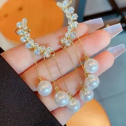 Tiso Women White Gold-Plated Artificial Stones and Beads Ear Cuff Drop Earrings image 3