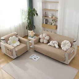 HOKIPO Beige Waterproof 1 Seater Sofa Mat with Pockets image 3