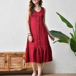 YANAMORA Women Striped A-Line Midi Dress with Full Front Button Down Placket & Flounce Hem-picture-30