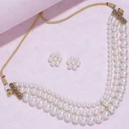 DressBerry Women Gold-Plated White Pearls Lyered Choker Necklace and Earrings-picture-22