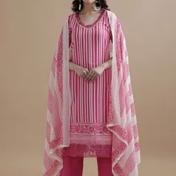 Jaipur Kurti Women Striped Regular Thread Work Pure Cotton Kurta with Trousers & With Dupatta image 1