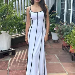 TANDUL Women White And Black Striped Maxi Dress-image-14