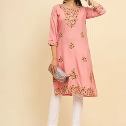 HERE&NOW Palak2 Ethnic Motifs Embroidered Round Neck Thread Work Cotton Straight Kurta image 2