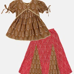 YOUNG BIRDS Girls Printed Pure Cotton V-Neck Top with Skirt-image-28