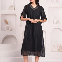 OH MI DIOS Women V-Neck Striped Embroidered Flared Sleeves A-Line Dress-picture-42
