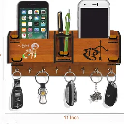 heritagecrafts Special Designer Jai Shree Ram Wooden 2 Pocket Mobile and Pen holder 8 Hooks Wood Key Holder image 2