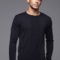 Raymond Men Navy Blue Solid Cable Knit Pullover-picture-21