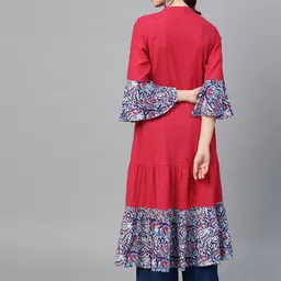 YASH GALLERY Women Pink & Blue Ajrkah Yoke-Design Tiered A-Line Kurta image 5