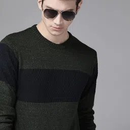 Roadster Men Olive Green & Navy Striped Pullover-image-60