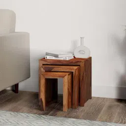 Ikiriya Oakland Beige Sheesham Wood Contemporary Nesting Tables in Natural Teak Finish image 2