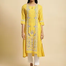 W Yellow & Pink Floral Printed Keyhole Neck A-Line Kurta image 1
