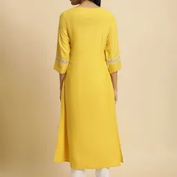 W Yellow & Pink Floral Printed Keyhole Neck A-Line Kurta image 5