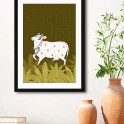 999Store Olive Green & White MDF Nandi Cow Stylish Modern Art Printed Paper Wall Painting - Set of 1-picture-46